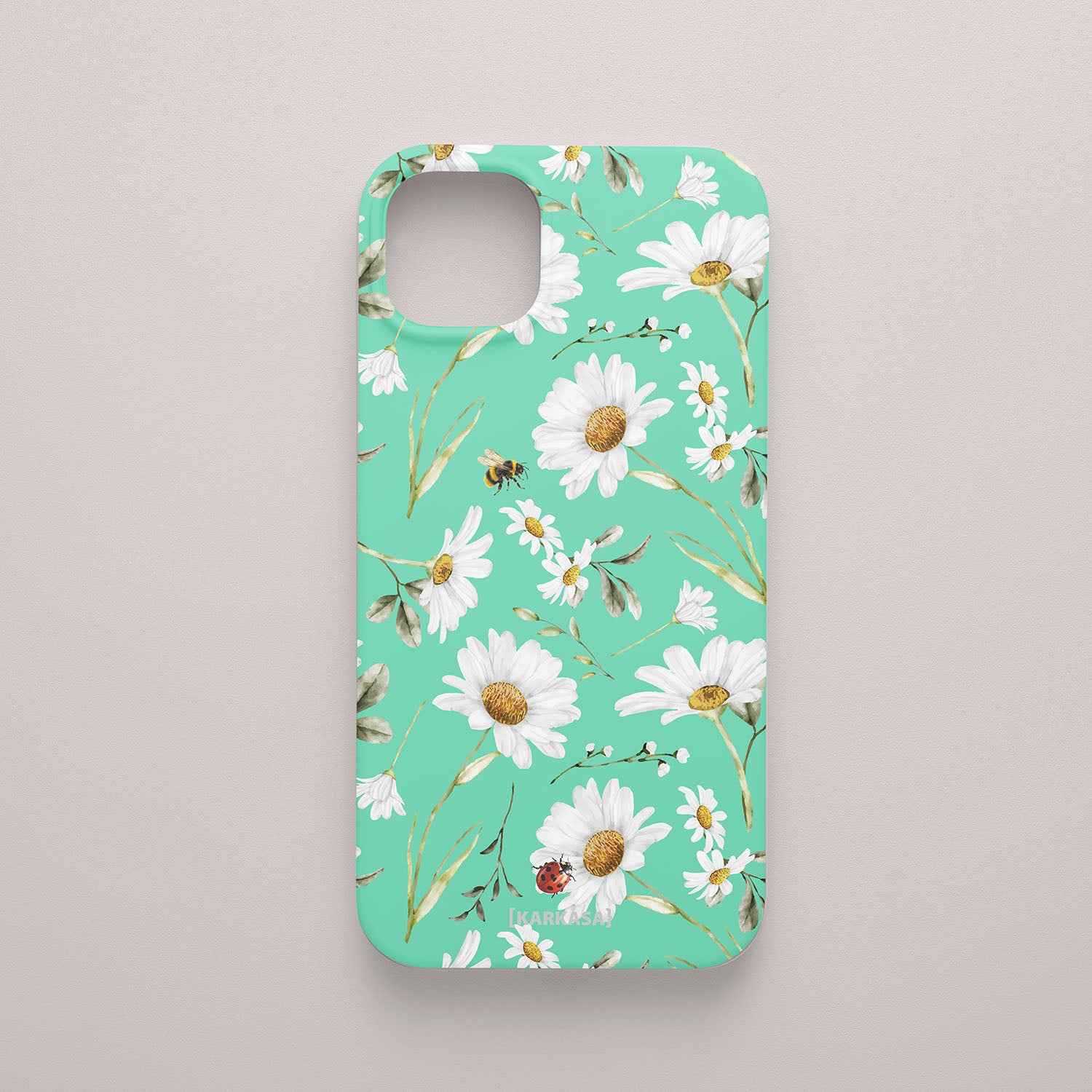 Funda móvil Miel y Pétalos KARKASA en Silk Touch verde menta con diseño floral de margaritas, abeja y mariquita
