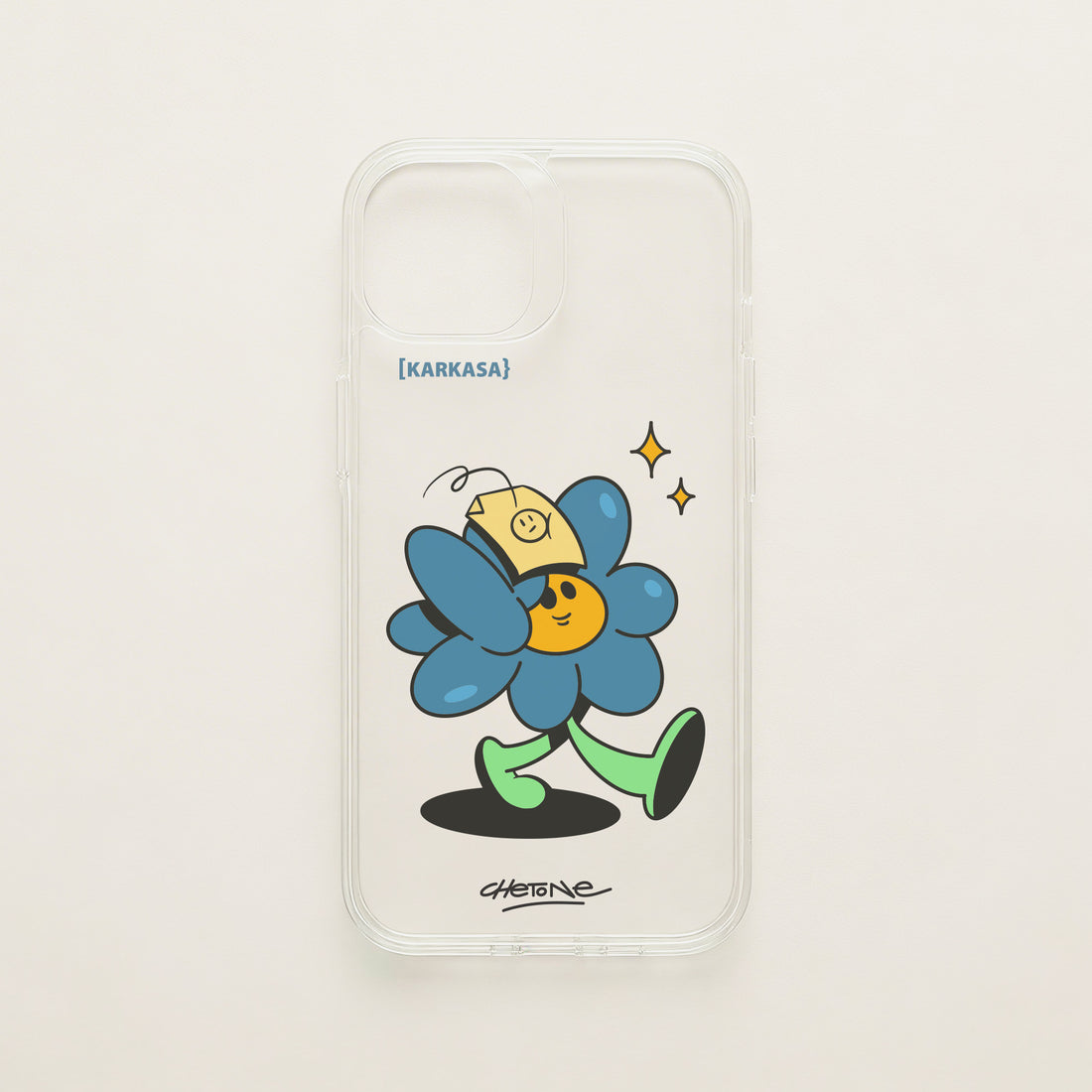 Funda de móvil transparente con una flor azul con gorra amarilla y destellos, diseño No Bobo de Chetone Sánchez para KARKASA.