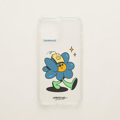 Funda de móvil transparente con una flor azul con gorra amarilla y destellos, diseño No Bobo de Chetone Sánchez para KARKASA.