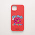 Funda de móvil de silicona roja con una flor rosa y el rótulo «No more chivatos», diseño No More Chivatos de Chetone Sánchez para KARKASA.