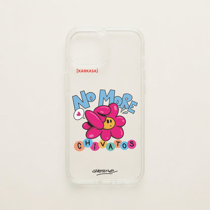 Funda de móvil transparente con una flor rosa y el rótulo «No more chivatos», diseño No More Chivatos de Chetone Sánchez para KARKASA.