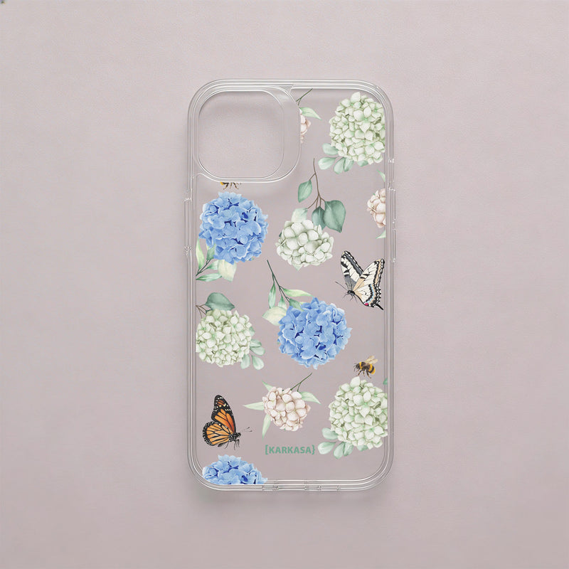 Funda de móvil transparente Nube de Hortensias de KARKASA con diseño floral de hortensias