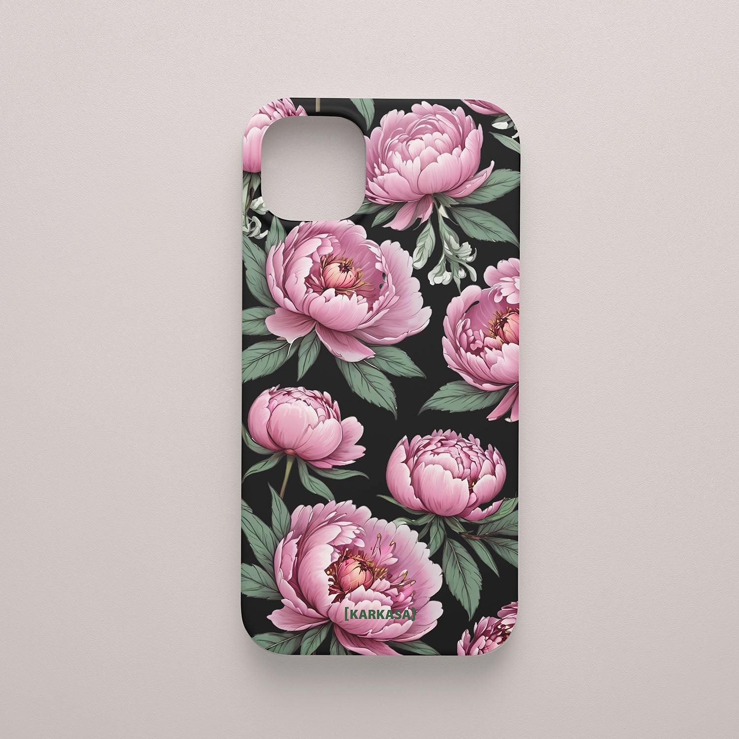 Funda móvil Nube de Peonías KARKASA en Silk Touch negra con diseño floral de peonías rosas