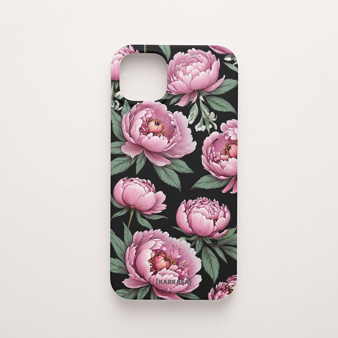 Funda móvil Nube de Peonías KARKASA en Silk Touch negra con diseño floral de peonías rosas.