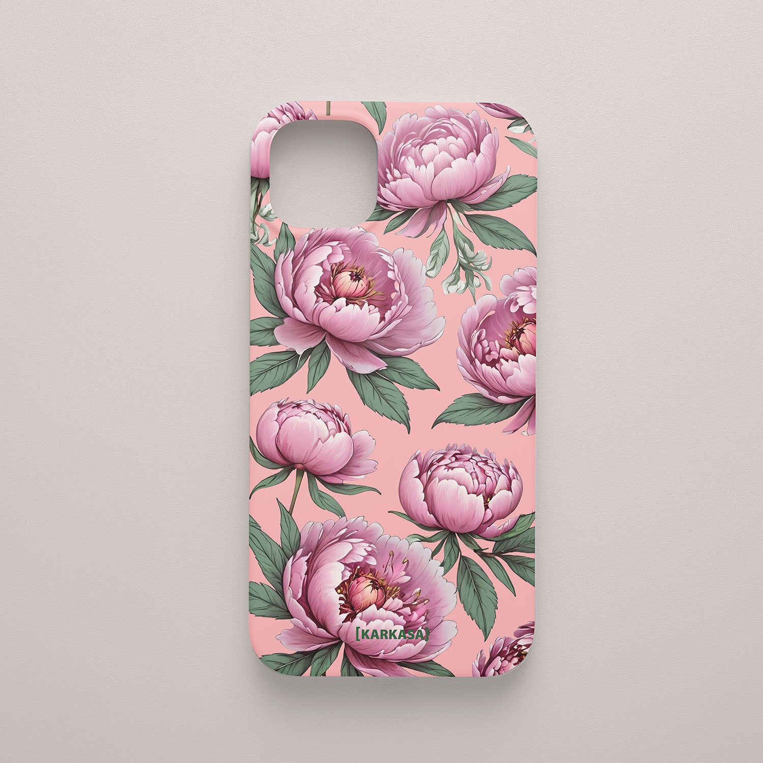 Funda móvil Nube de Peonías KARKASA en Silk Touch rosa chicle con diseño floral de peonías rosas.