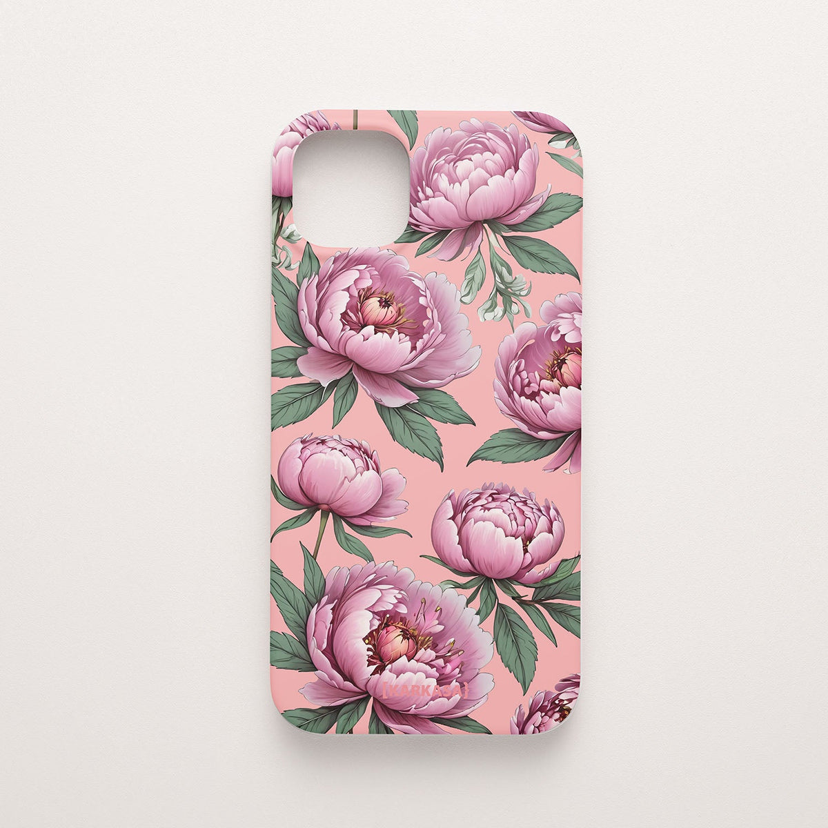 Funda móvil Nube de Peonías KARKASA en Silk Touch rosa chicle con diseño floral de peonías rosas.