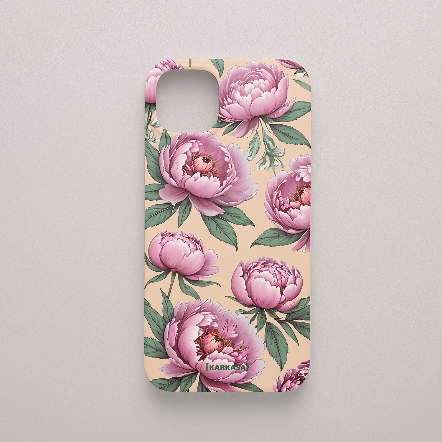Funda móvil Nube de Peonías KARKASA en Silk Touch rosa nude con diseño floral de peonías rosas.