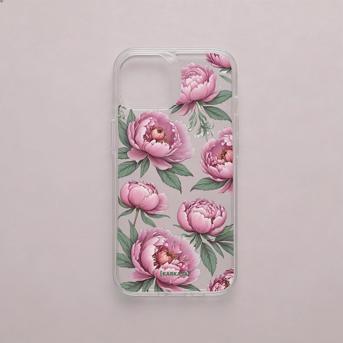 Funda móvil Nube de Peonías KARKASA en Crystal Shield transparente antigolpes con diseño floral de peonías rosas.
