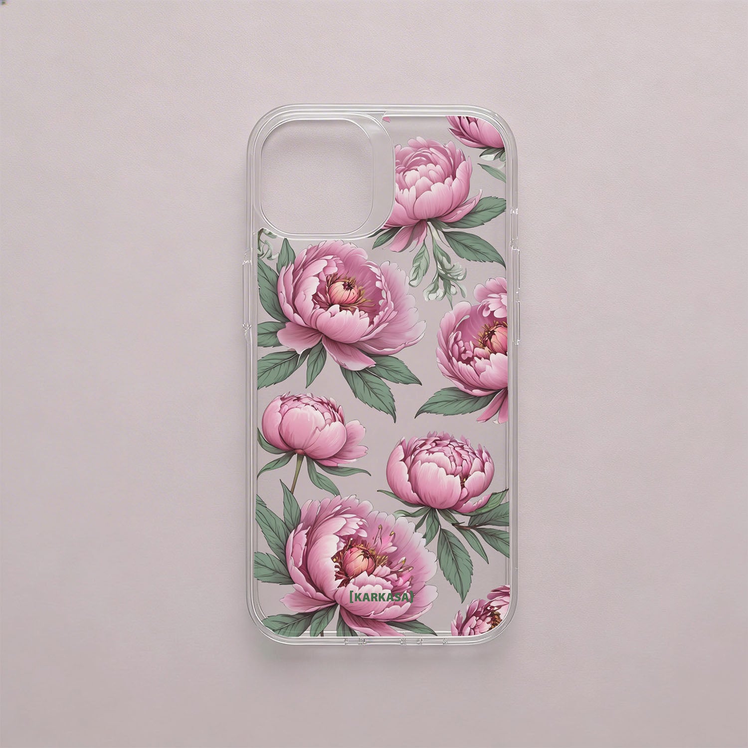 Funda móvil Nube de Peonías KARKASA en Crystal Shield transparente antigolpes con diseño floral de peonías rosas.
