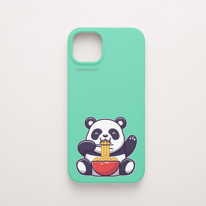 Funda KARKASA Silk Touch verde menta con ilustración kawaii de un oso panda comiendo un bol de ramen. Carcasa de estilo anime japonés.