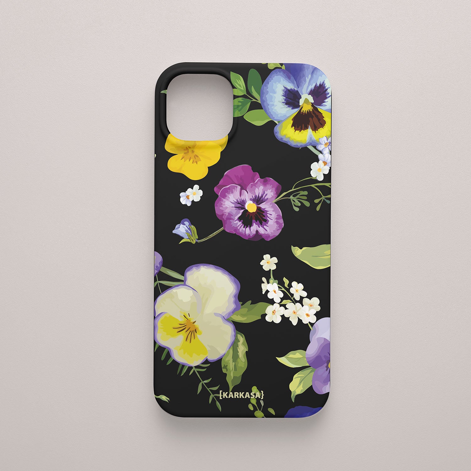Funda móvil Pensamientos de Ensueño KARKASA en Silk Touch negra con diseño floral de pensamientos amarillos, violetas y azules