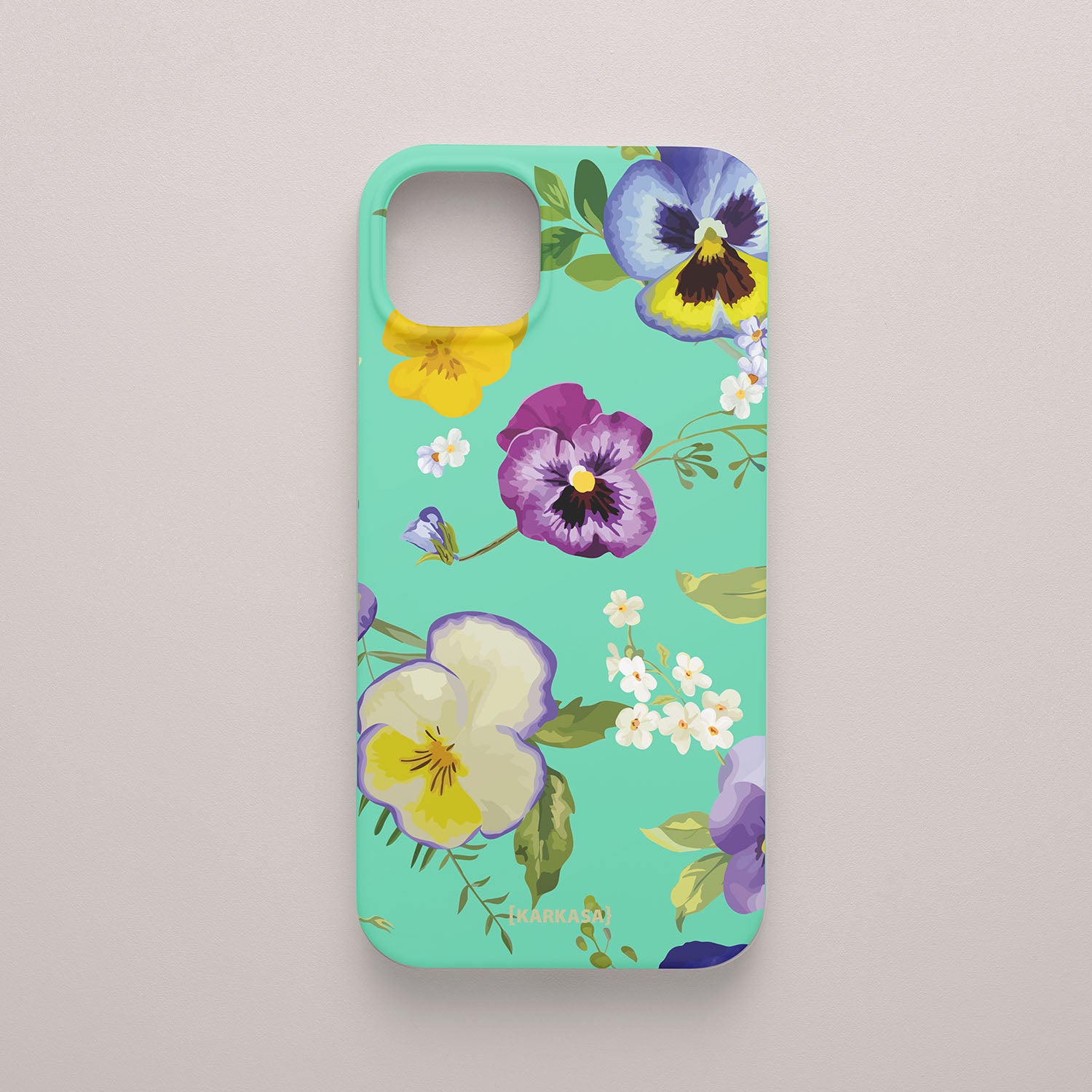 Funda móvil Pensamientos de Ensueño KARKASA en Silk Touch verde menta con diseño floral de pensamientos amarillos, violetas y azules