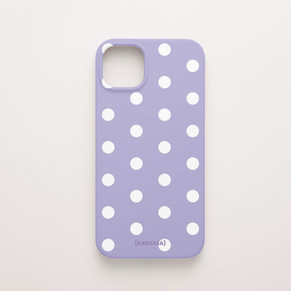 Funda KARKASA Silk Touch lila con estampado clásico de lunares blancos (polka dots). Carcasa mate de silicona estilo retro vintage.