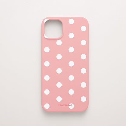Funda KARKASA Silk Touch rosa chicle con estampado clásico de lunares blancos (polka dots). Carcasa mate de silicona estilo retro vintage.