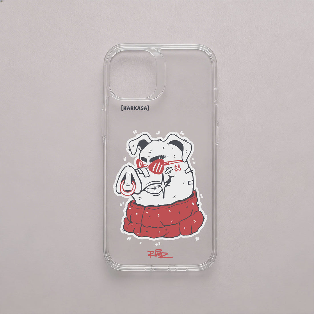 Funda de móvil transparente con el Porco de A Granxa, ilustración de RAMAZ con gafas redondas y bufanda roja, de KARKASA.