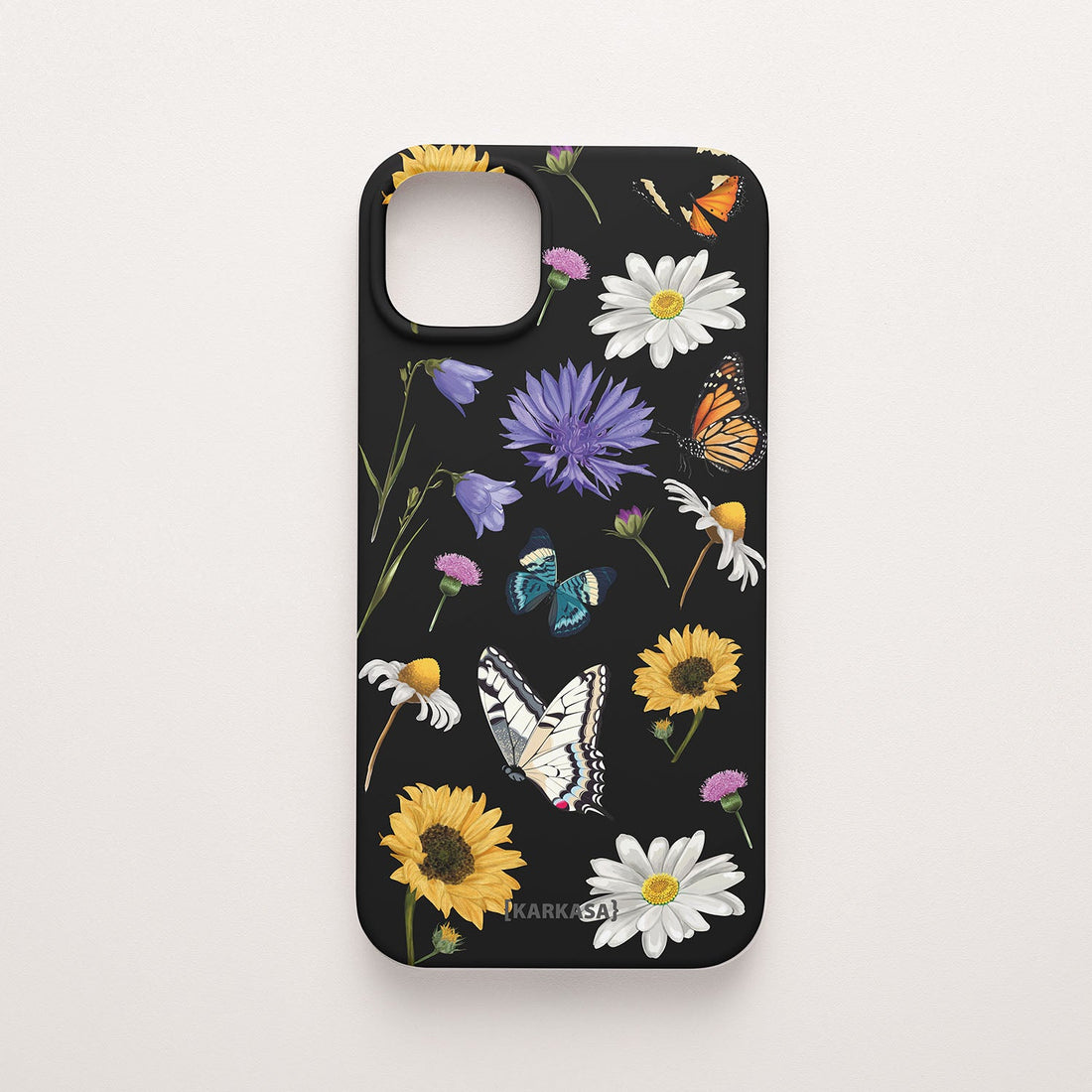 Funda móvil Pradera de Mariposas KARKASA en Silk Touch negra con mariposas, margaritas y flores silvestres.