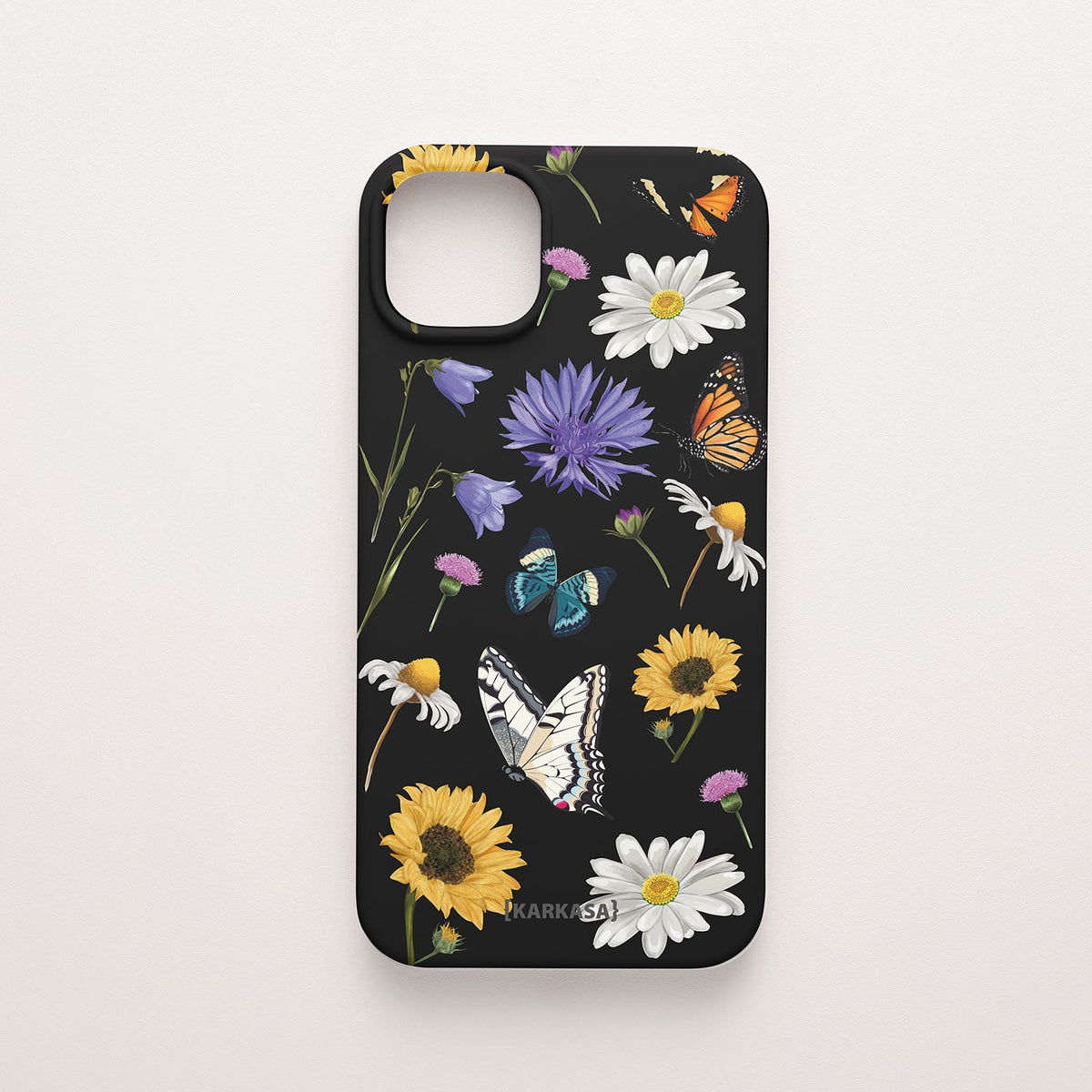 Funda móvil Pradera de Mariposas KARKASA en Silk Touch negra con mariposas, margaritas y flores silvestres.