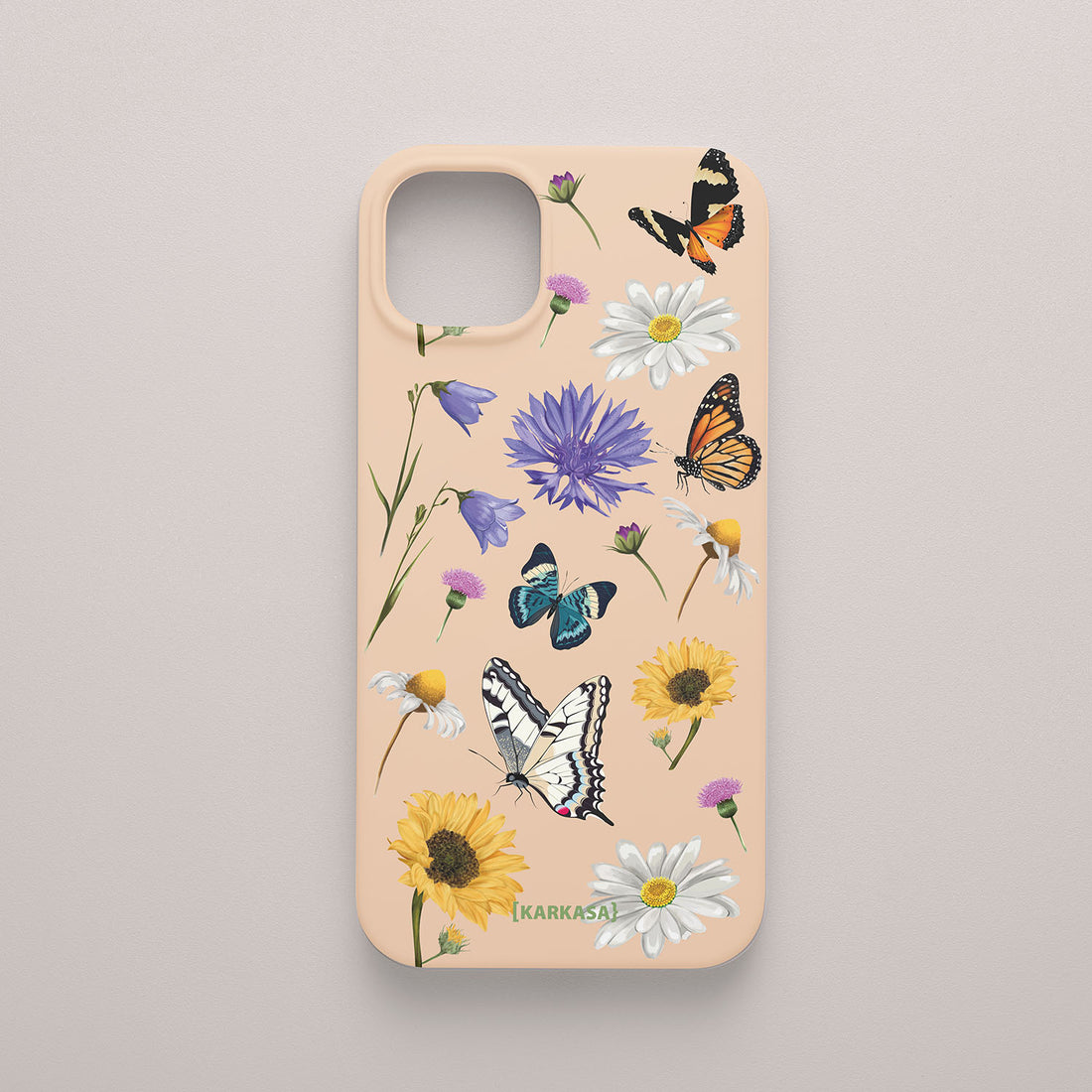Funda móvil Pradera de Mariposas KARKASA en Silk Touch rosa nude con mariposas, margaritas y flores silvestres
