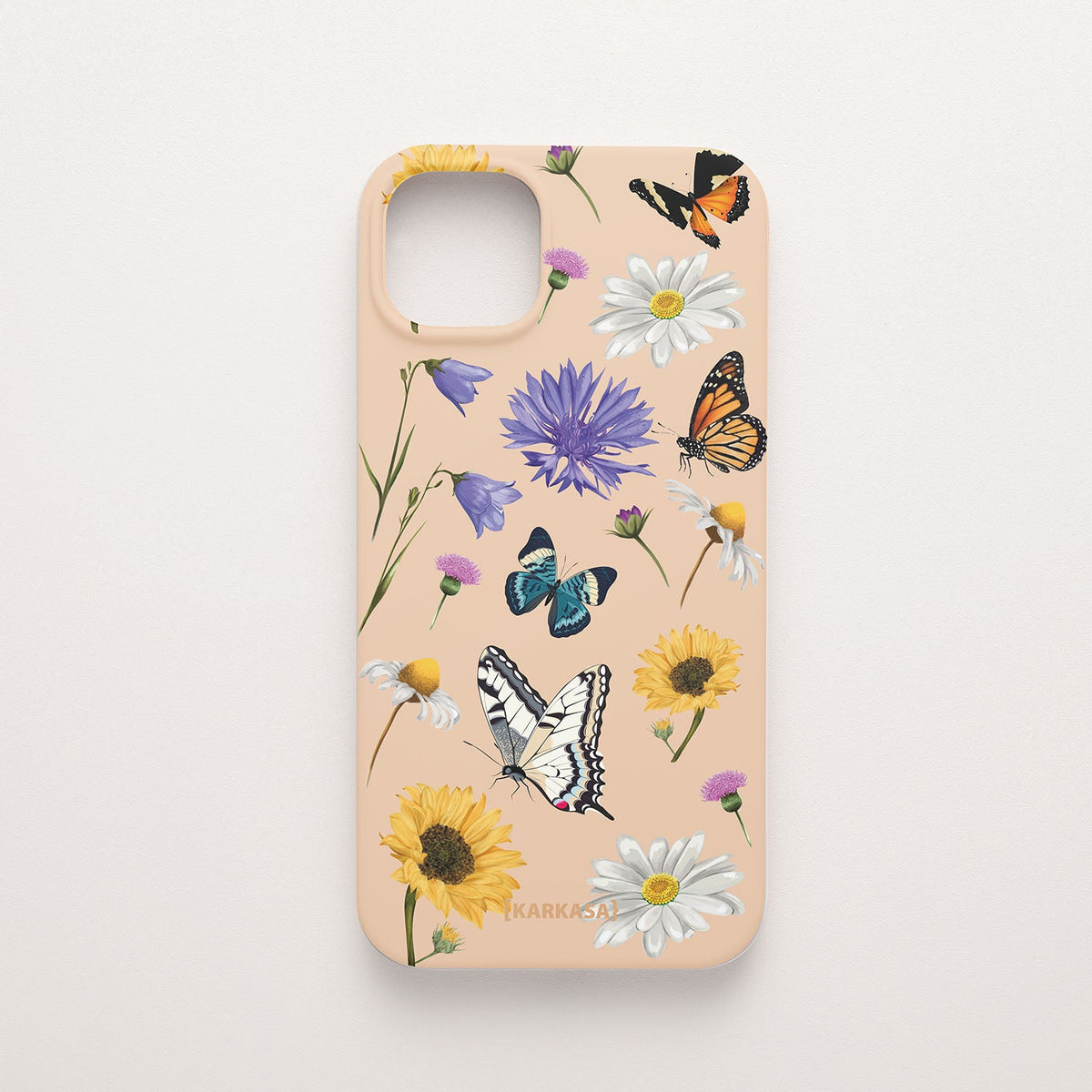 Funda móvil Pradera de Mariposas KARKASA en Silk Touch rosa nude con mariposas, margaritas y flores silvestres.