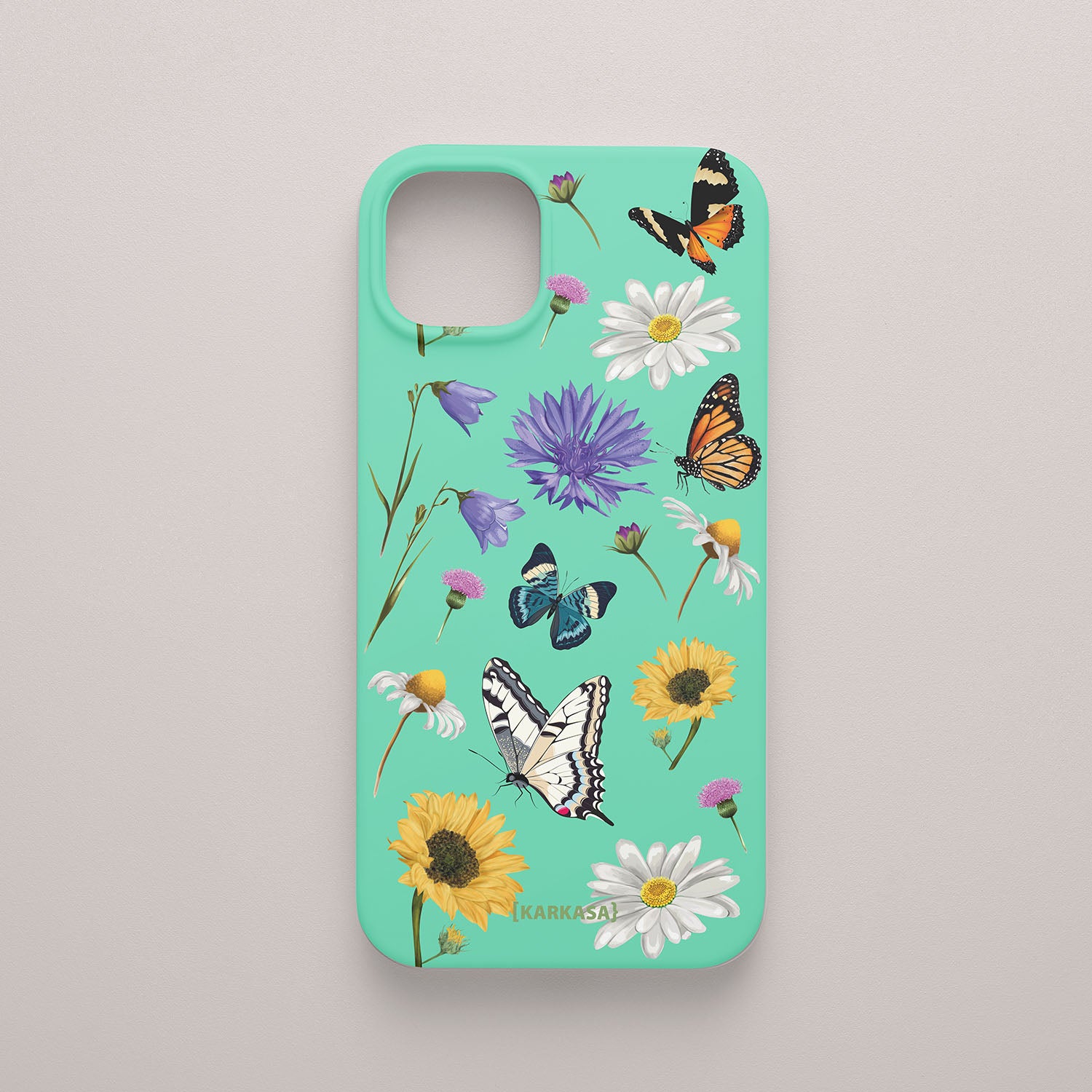 Funda móvil Pradera de Mariposas KARKASA en Silk Touch verde menta con mariposas, margaritas y flores silvestres