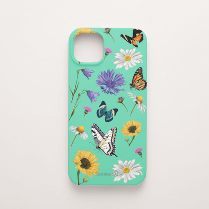 Funda móvil Pradera de Mariposas KARKASA en Silk Touch verde menta con mariposas, margaritas y flores silvestres.