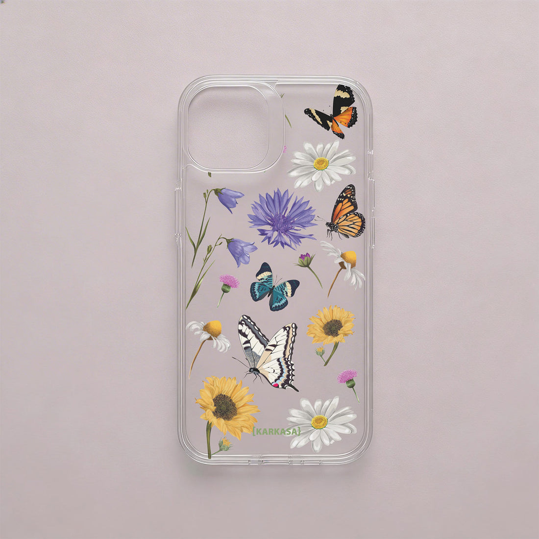 Funda móvil Pradera de Mariposas KARKASA en Crystal Shield transparente antigolpes con mariposas, margaritas y flores silvestres
