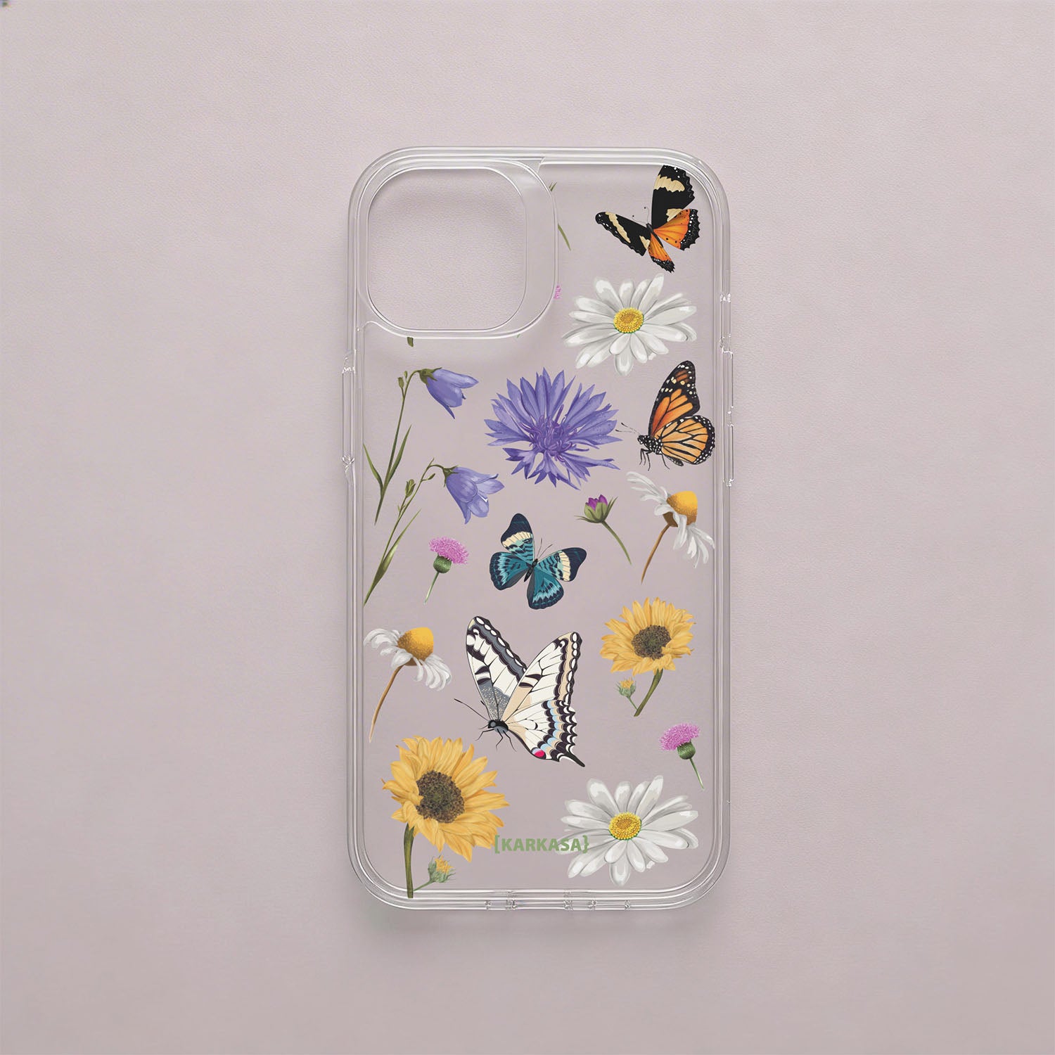 Funda móvil Pradera de Mariposas KARKASA en Crystal Shield transparente antigolpes con mariposas, margaritas y flores silvestres