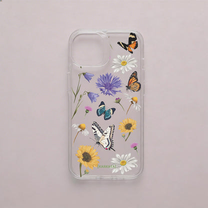 Funda móvil Pradera de Mariposas KARKASA en Crystal Shield transparente antigolpes con mariposas, margaritas y flores silvestres