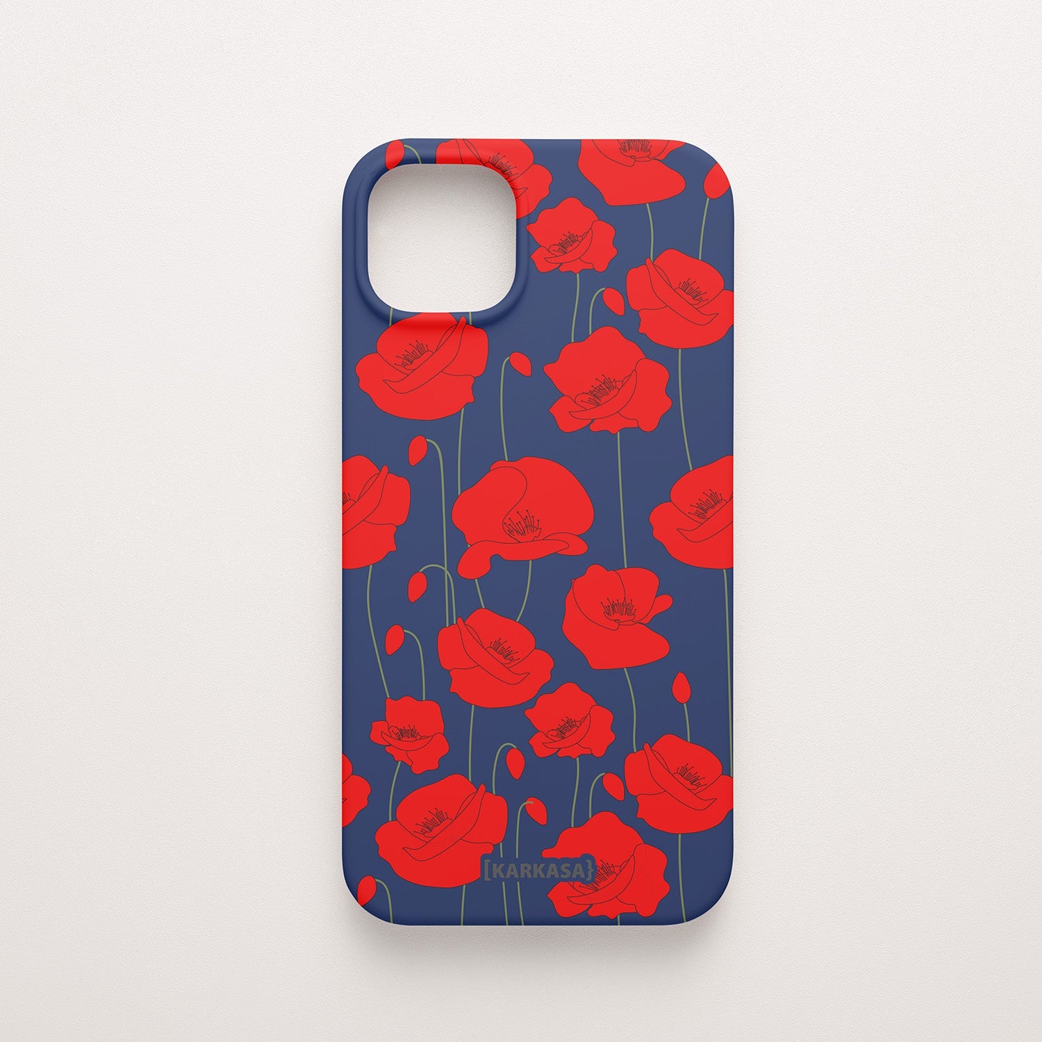 Funda KARKASA Silk Touch azul marino con estampado vibrante de amapolas rojas. Carcasa diseño floral rojo.