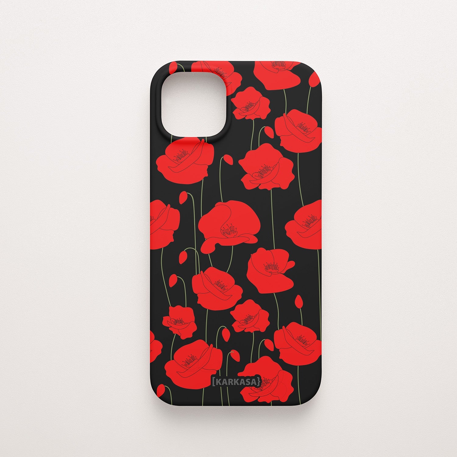 Funda KARKASA Silk Touch negra con estampado vibrante de amapolas rojas. Carcasa diseño floral rojo.