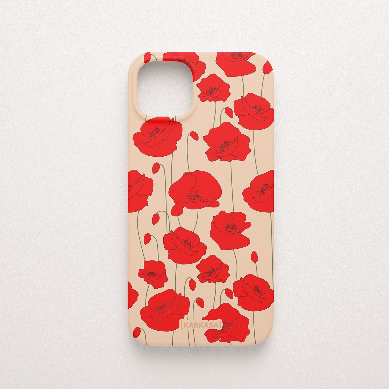 Funda KARKASA Silk Touch rosa nude con estampado vibrante de amapolas rojas. Carcasa diseño floral rojo.