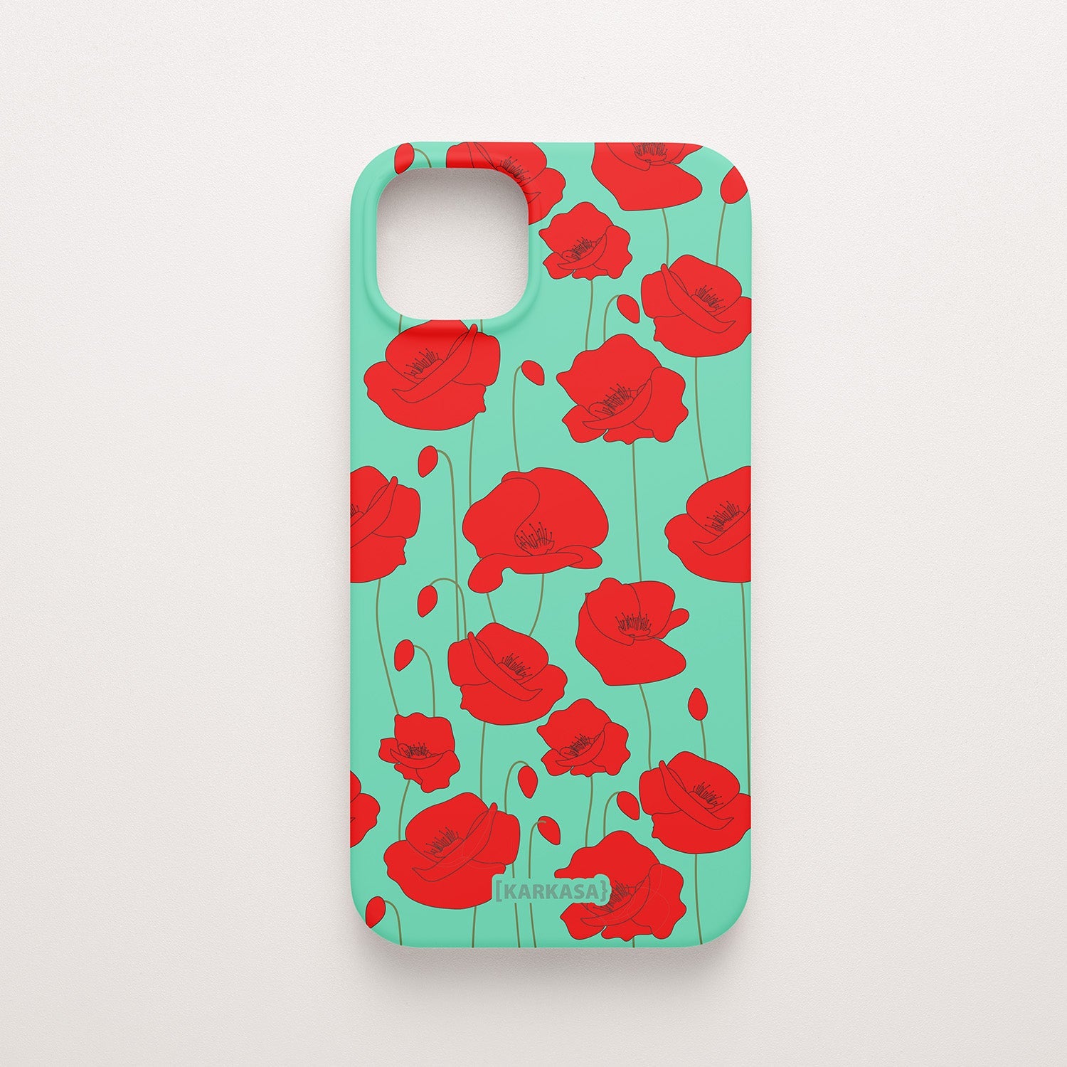 Funda KARKASA Silk Touch verde menta con estampado vibrante de amapolas rojas. Carcasa diseño floral rojo.