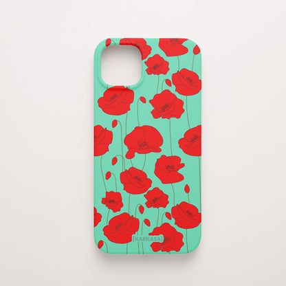 Funda KARKASA Silk Touch verde menta con estampado vibrante de amapolas rojas. Carcasa diseño floral rojo.