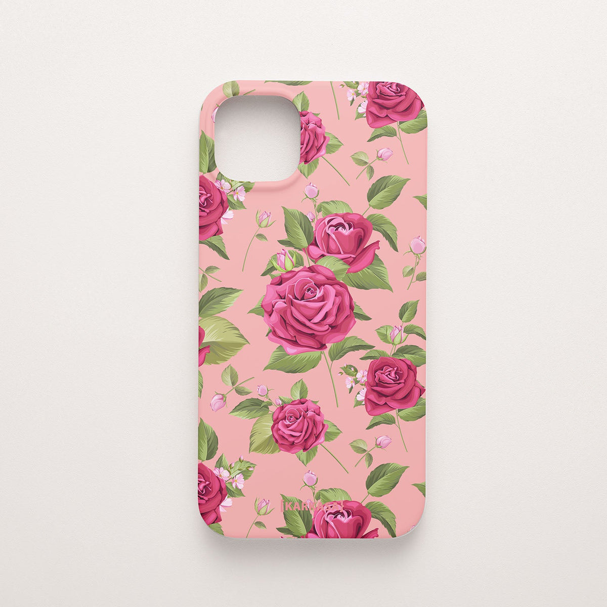 Funda móvil Rosas de Ensueño KARKASA en Silk Touch rosa chicle con diseño floral de rosas rosas y hojas verdes.