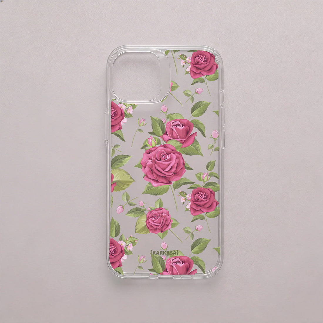 Funda móvil Rosas de Ensueño KARKASA en Crystal Shield transparente antigolpes con diseño floral de rosas rosas y hojas verdes