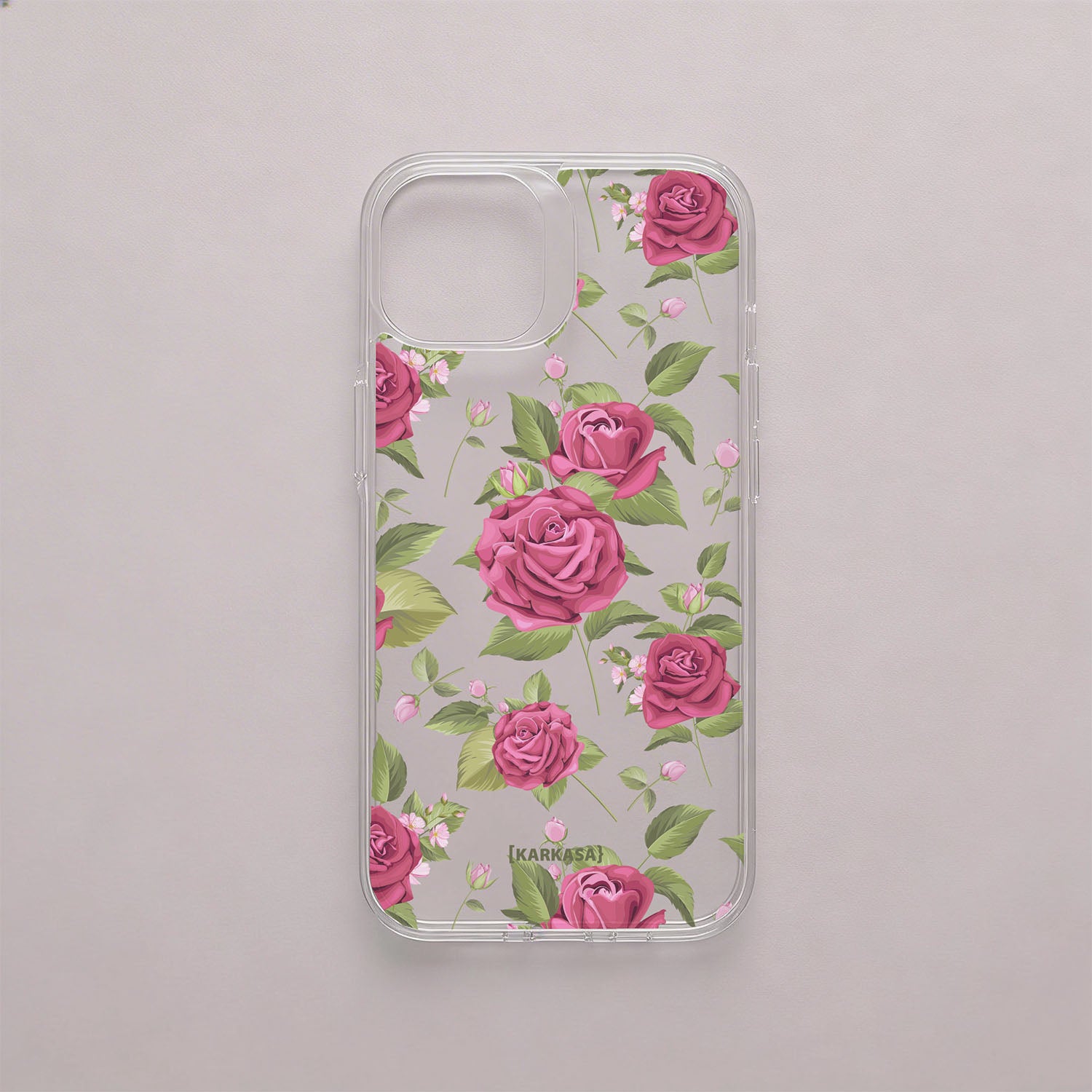 Funda móvil Rosas de Ensueño KARKASA en Crystal Shield transparente antigolpes con diseño floral de rosas rosas y hojas verdes