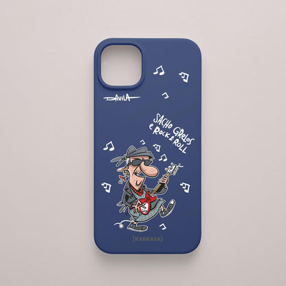 Funda movil azul marina con abuela rockera, diseño original de Luis Davila.