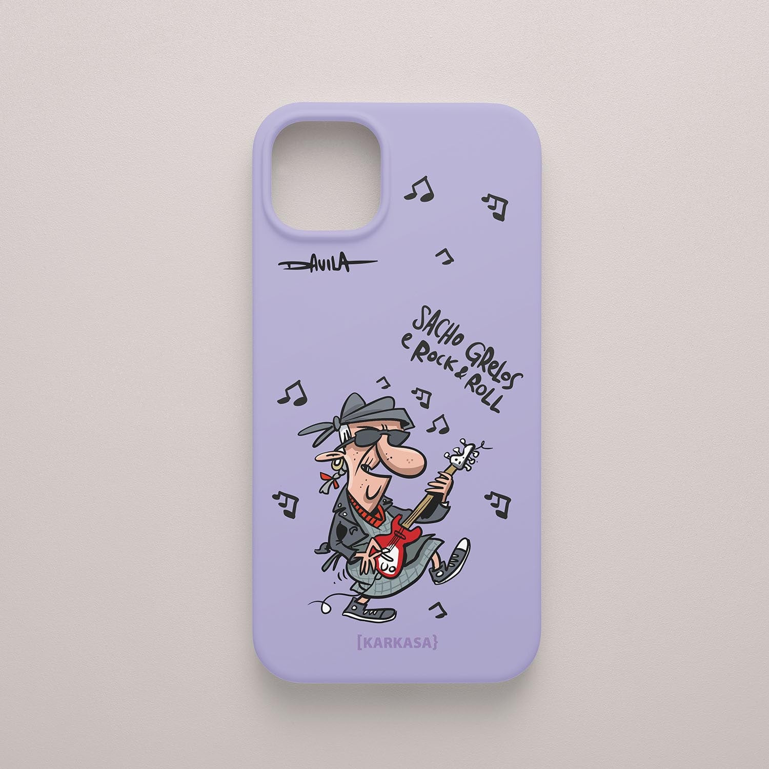 Funda movil lila con abuela rockera, estilo cómico de O Bichero x KARKASA.