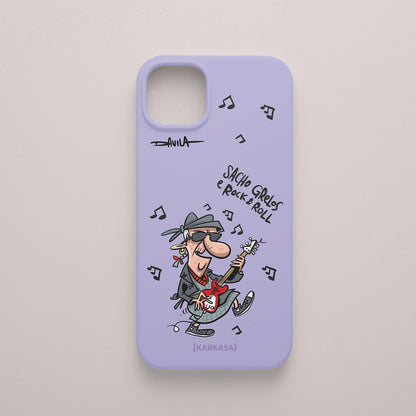 Funda movil lila con abuela rockera, estilo cómico de O Bicheiro x KARKASA.