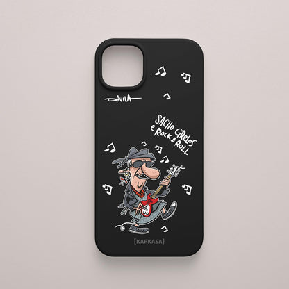 Funda negra con abuela rockera ilustrado por Luis Davila, diseño humorístico de O Bicheiro x KARKASA.