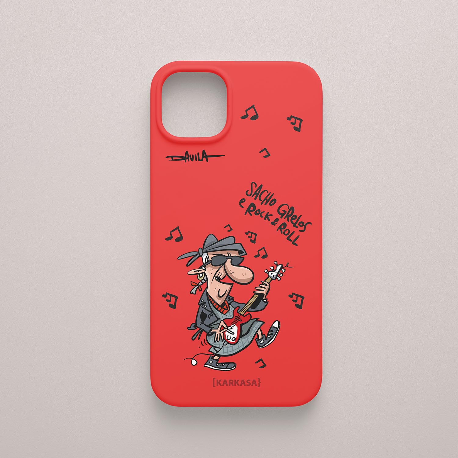 Funda movil roja con abuela rockera de Luis Davila, diseño cómico y gallego.