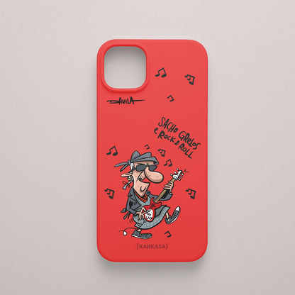 Funda movil roja con abuela rockera de Luis Davila, diseño cómico y gallego.