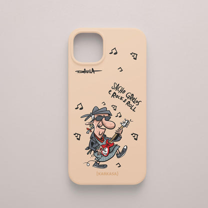Funda movil rosa nude con abuela rockera, diseño original de Luis Davila.
