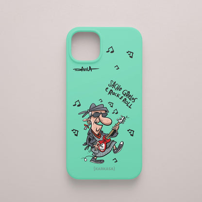 Funda movil verde mar con abuela rockera, ilustración divertida de la colección O Bicheiro x KARKASA.