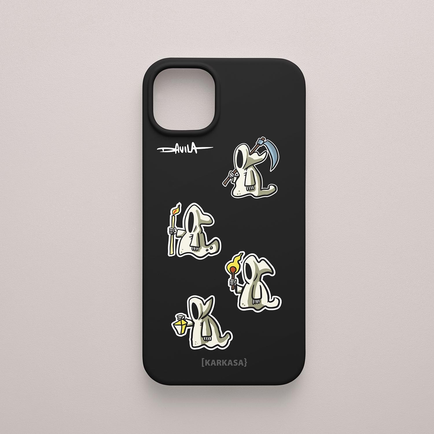 Funda de silicona Silk Touch negra con ilustración cómica de la Santa Compaña (procesión de ánimas) por Luis Davila para KARKASA. Carcasa mate antideslizante con diseño de mitología gallega O Bichero.