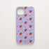 Funda KARKASA Silk Touch lila con estampado pop de fresas rojas y lunares blancos. Carcasa mate de silicona estilo frutal.