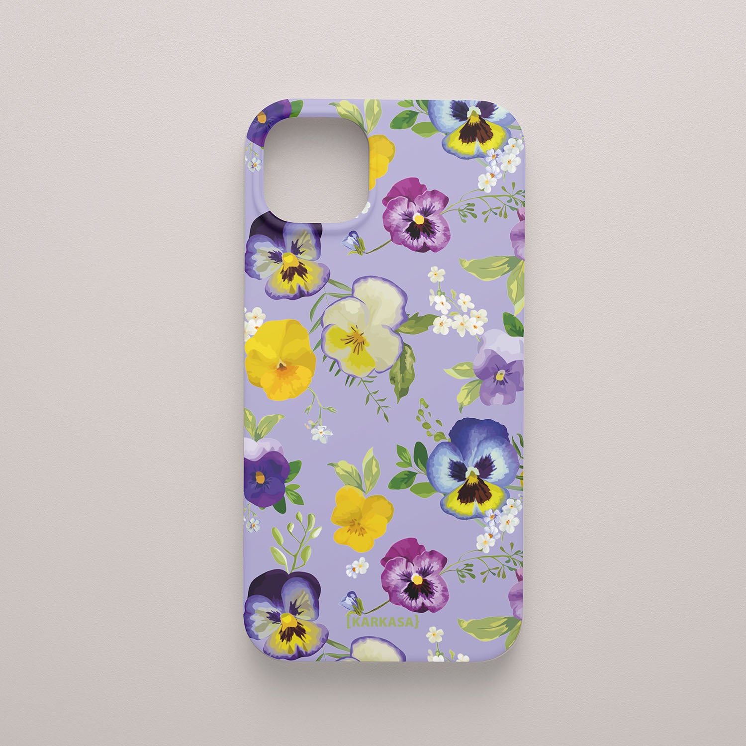 Funda móvil Sueño de Pensamientos KARKASA en Silk Touch lila con diseño floral de pensamientos amarillos, violetas y azules