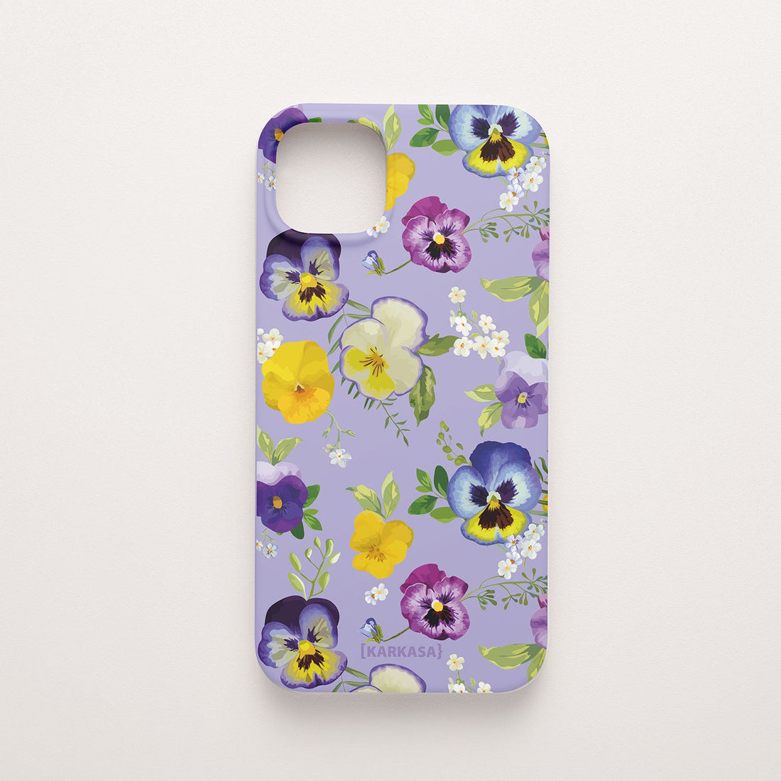 Funda móvil Sueño de Pensamientos KARKASA en Silk Touch lila con diseño floral de pensamientos de colores.