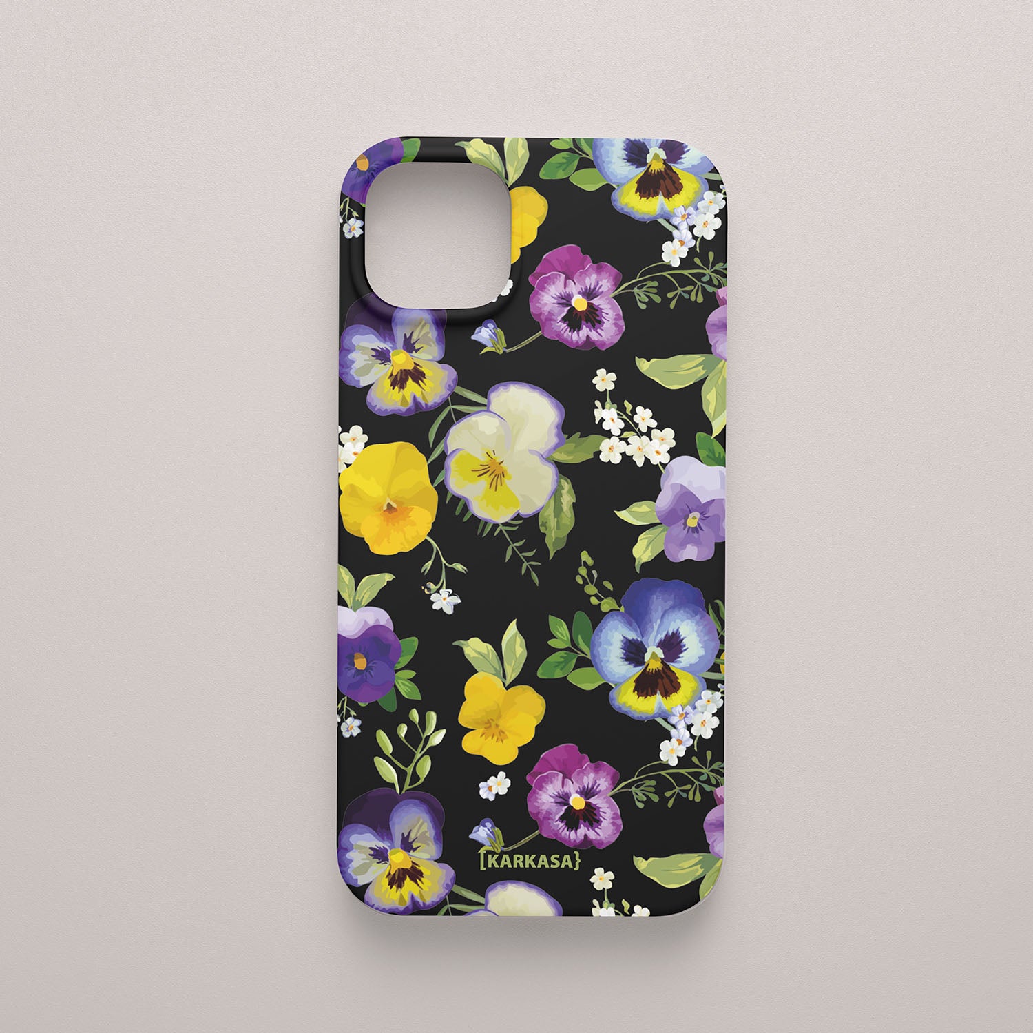 Funda móvil Sueño de Pensamientos KARKASA en Silk Touch negra con diseño floral de pensamientos amarillos, violetas y azules