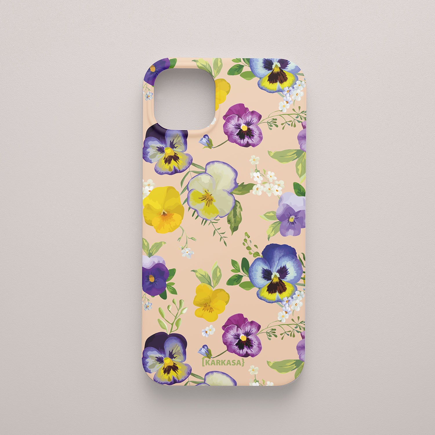 Funda móvil Sueño de Pensamientos KARKASA en Silk Touch rosa nude con diseño floral de pensamientos amarillos, violetas y azules